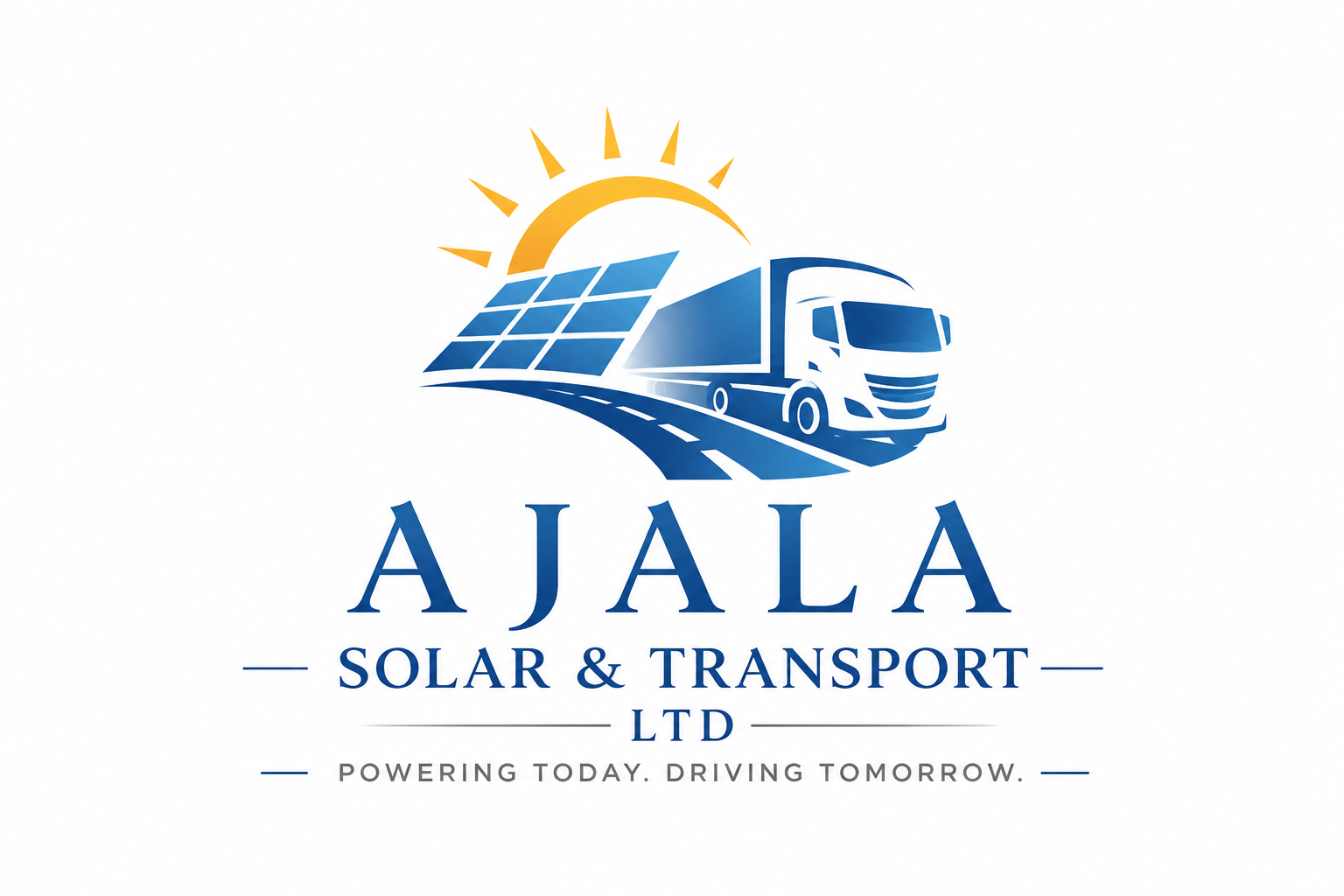 Logo for AJALA Solar & Transport Ltd featuring a stylized solar panel, a truck, and a sun, with the tagline 'Powering Today. Driving Tomorrow.'