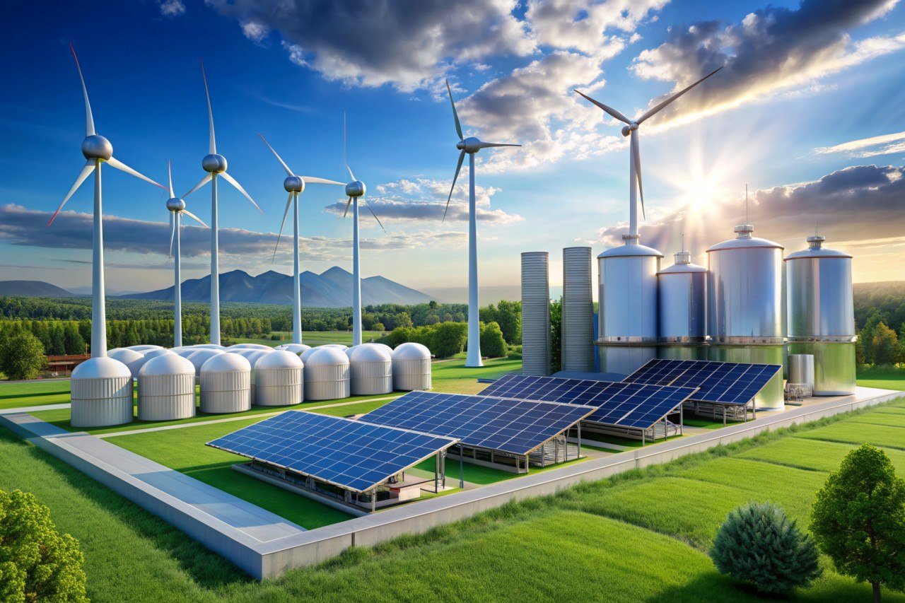 Renewable energy farm with wind turbines, solar panels, and storage tanks, set against a backdrop of mountains and a partly cloudy sky during sunset.