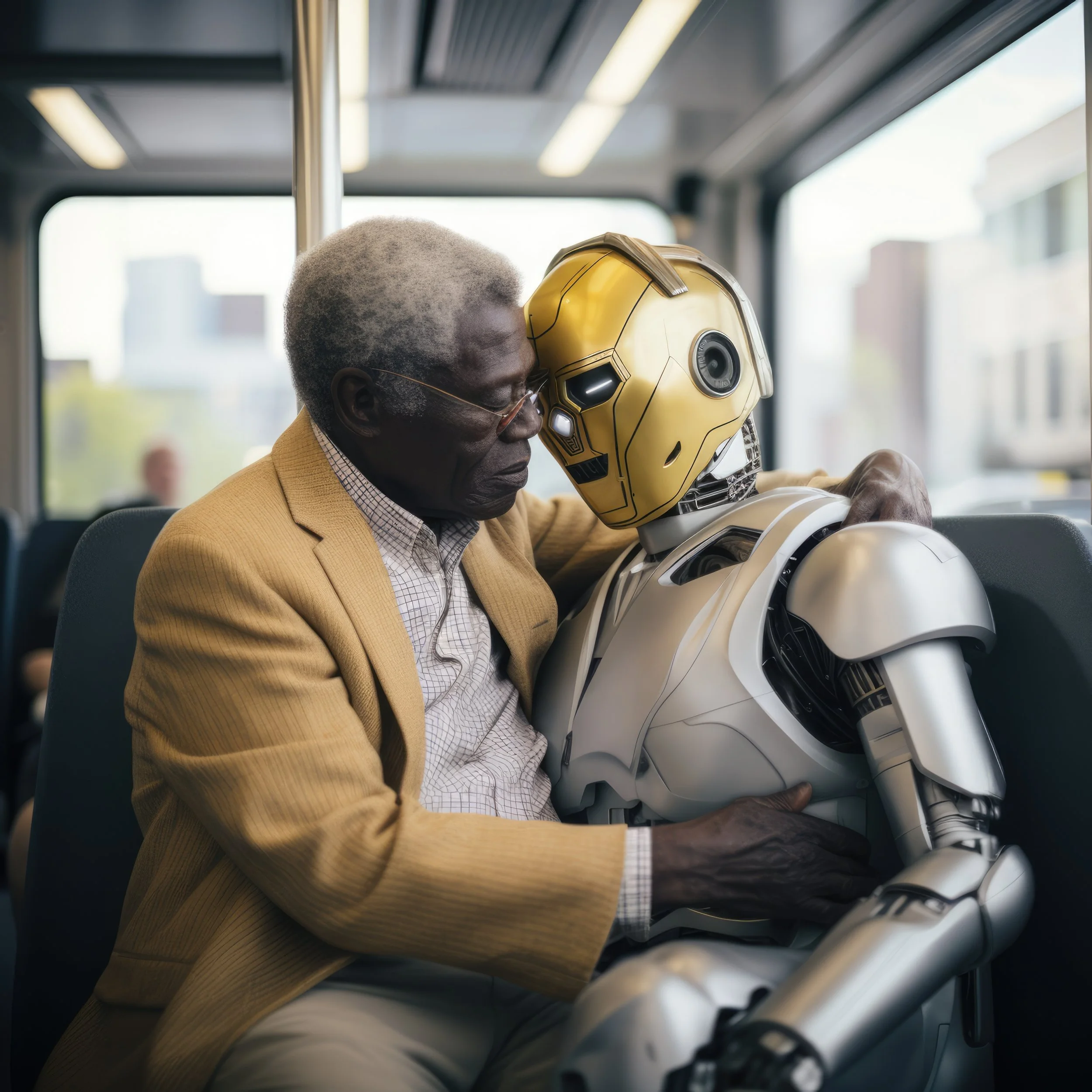 An elderly man with gray hair wearing a beige blazer and a checked shirt sitting on public transportation, resting his head against a robotic, metallic, yellow headrest.