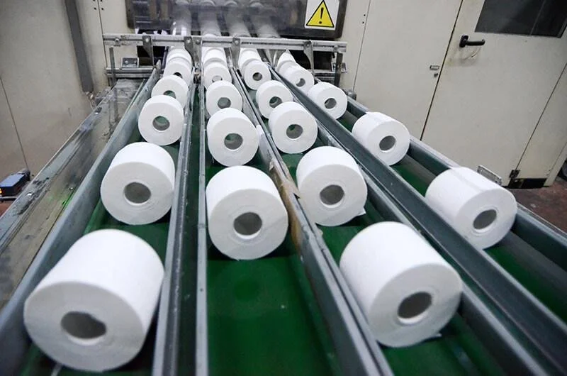 Rolls of white paper on a conveyor in a manufacturing facility.
