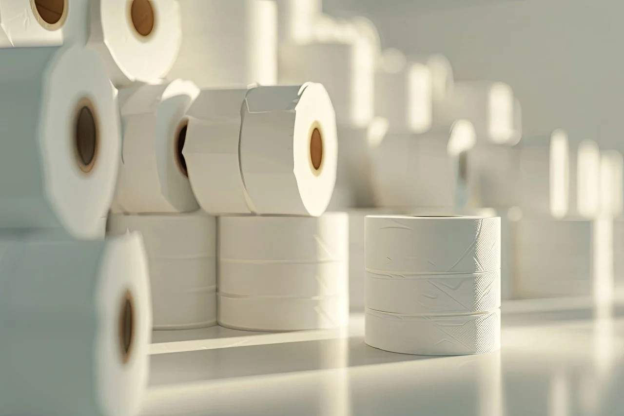 Stacks of white toilet paper rolls arranged on a white surface with soft natural lighting.