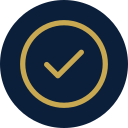 A gold checkmark inside a dark blue circle, suggesting approval or completion.