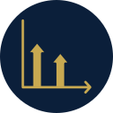 Three upward pointing arrows on a dark blue background, with one arrow larger than the others.