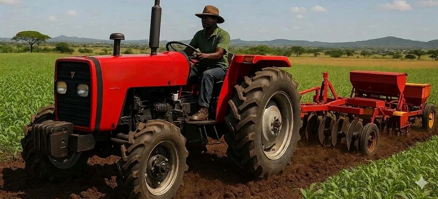 A man driving a red tractor plowing a field with green crops under a partly cloudy sky.