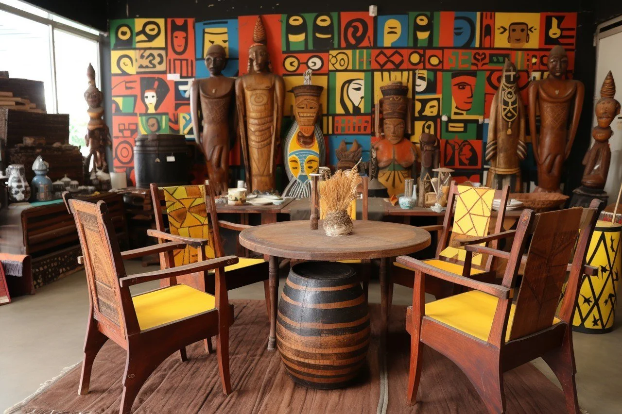 An art gallery or showroom featuring African tribal artifacts and vibrant colorful artwork on the wall. Four wooden chairs with yellow cushions are positioned around a round wooden table with a vase of dried grasses. Large carved wooden statues are displayed against the wall in the background.