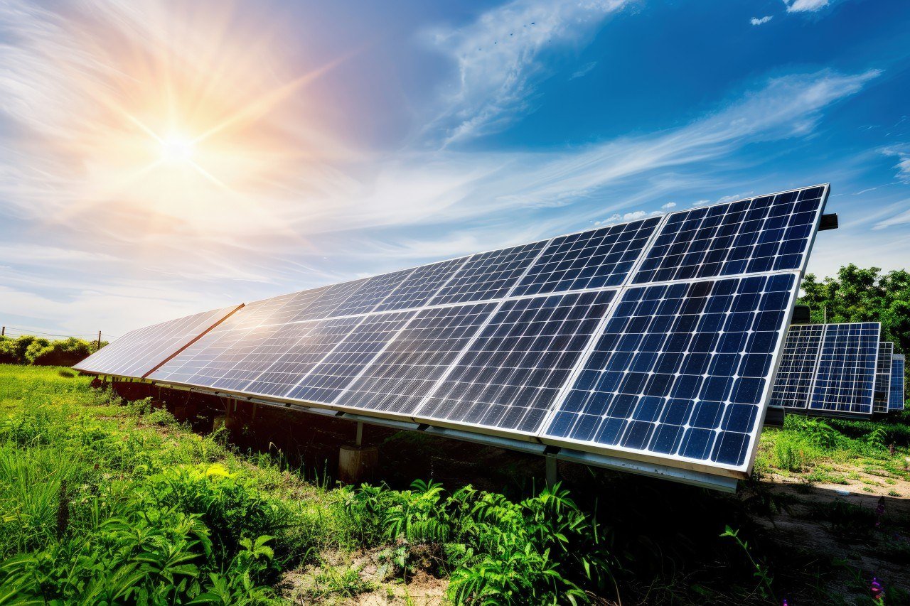 Multiple solar panels installed in a grassy field under a bright, sunny sky with some clouds.