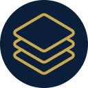Icon of three stacked layers, in yellow on a dark blue circular background.