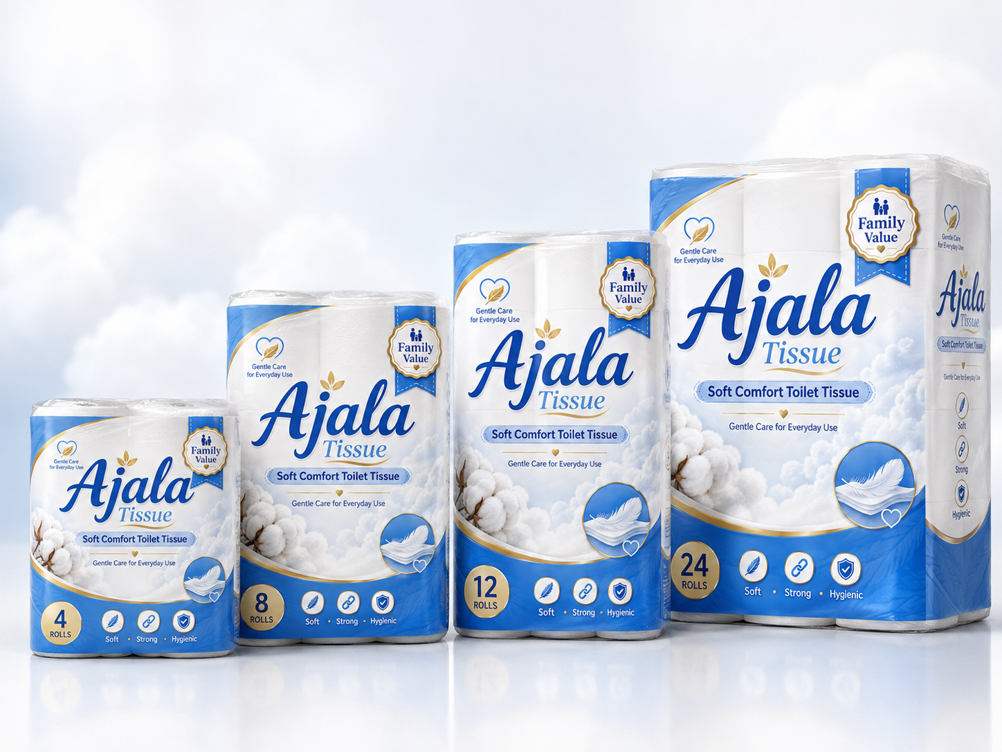 Different sizes of Ajala Toilet Paper packages, labeled as soft, strong, and hygienic, arranged in a row against a cloudy sky background.