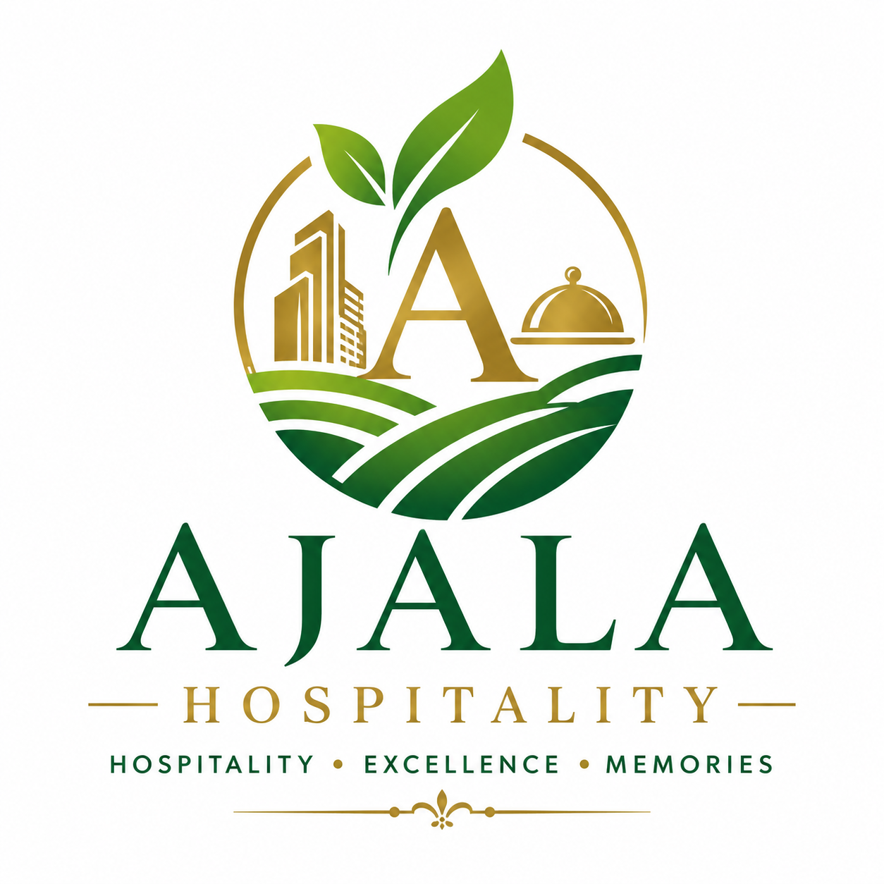 Logo for Ajala Hospitality featuring a large golden 'A' with city buildings, a dome, and farmland inside a circular green and gold emblem, with the words 'AJALA HOSPITALITY' and the tagline 'Hospitality, Excellence, Memories' below.