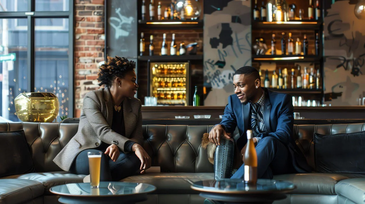 A man and woman sitting on a black leather couch in a bar, engaging in conversation. The woman has short curly hair and is wearing a gray blazer, while the man is dressed in a blue suit with a striped shirt and tie. There are drinks on a table in front of them, and the bar has bottles and glasses displayed in the background.