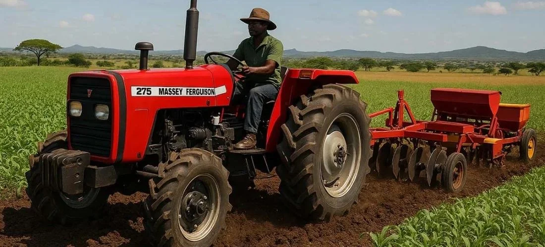 Farmer driving a red Massey Ferguson tractor in a field with a plow attachment, under a partly cloudy sky.