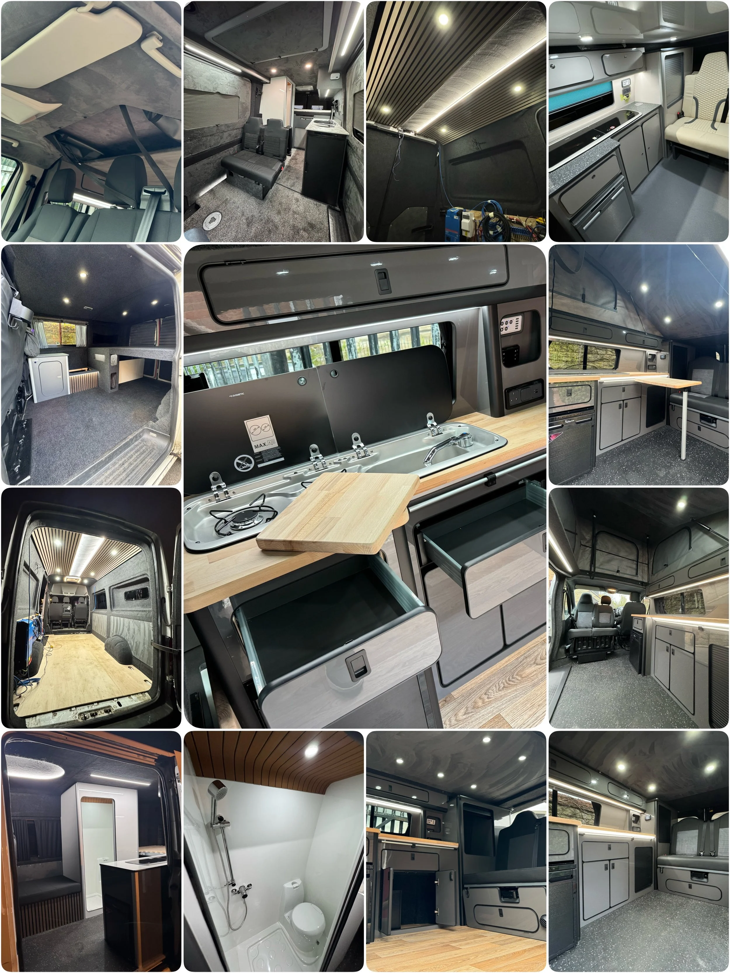 Collage of images showing the interior of a converted camper van, featuring a small kitchen area with cabinets and a sink, a seating area, a sleeping space with a bed and a skylight, a bathroom with a toilet and shower, and lighting fixtures.