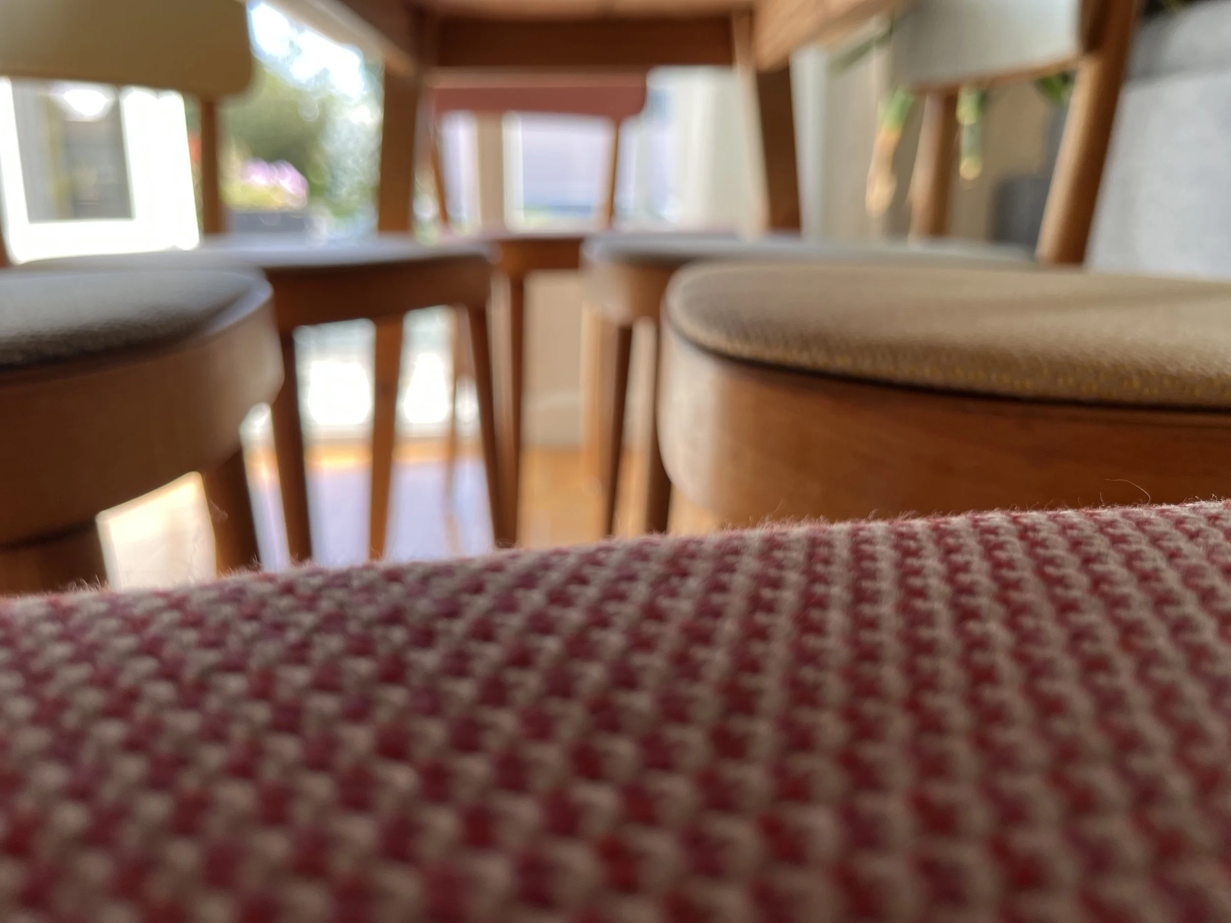 Chaises Baumann restaurées en gros plan tissu Lopi Sunbrella