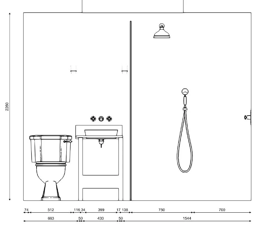 Elevation of the original bathroom design, with a walk-in shower, toilet and basin