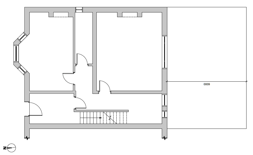 Architectural floor plan of a house showing multiple rooms, a staircase, and a large outdoor area
