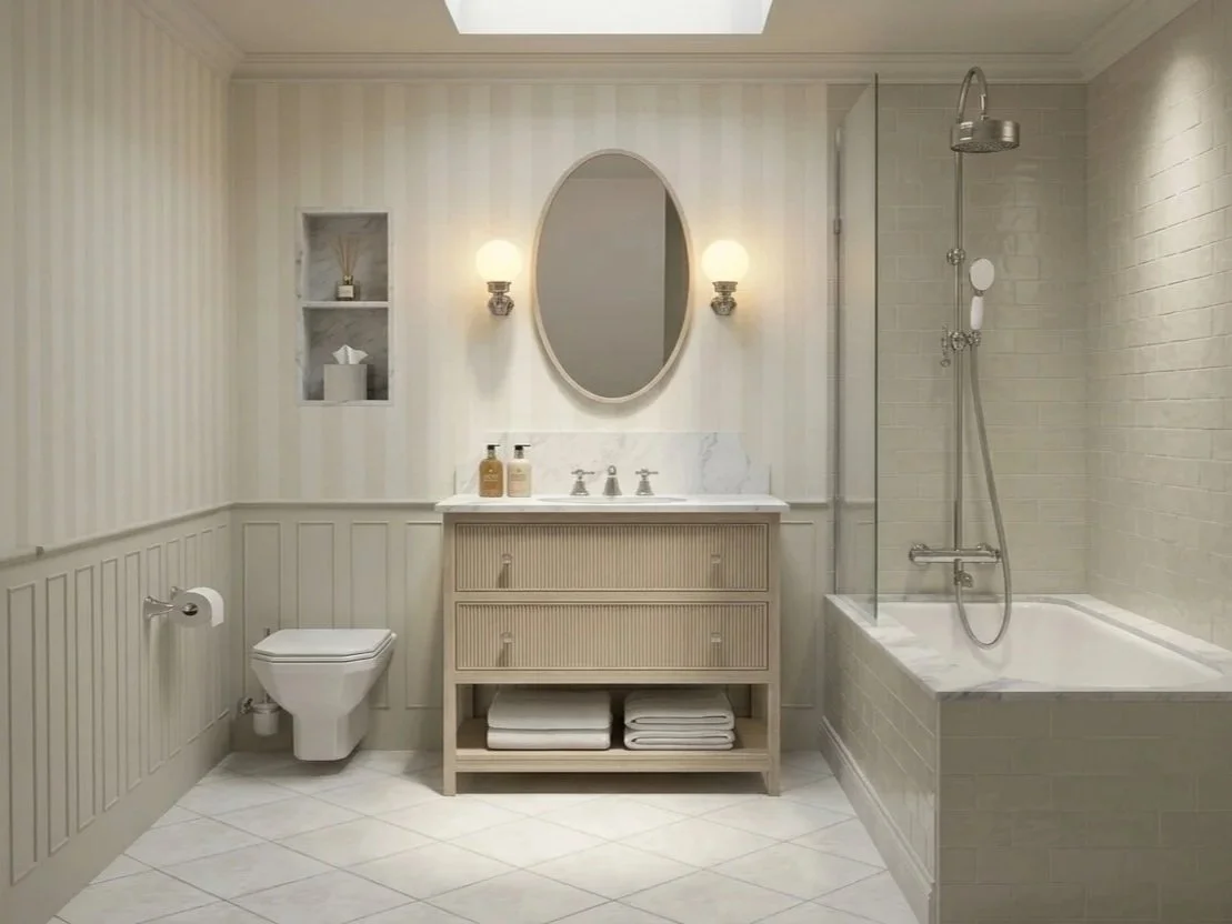 Traditional English bathroom in neutral shades and textures