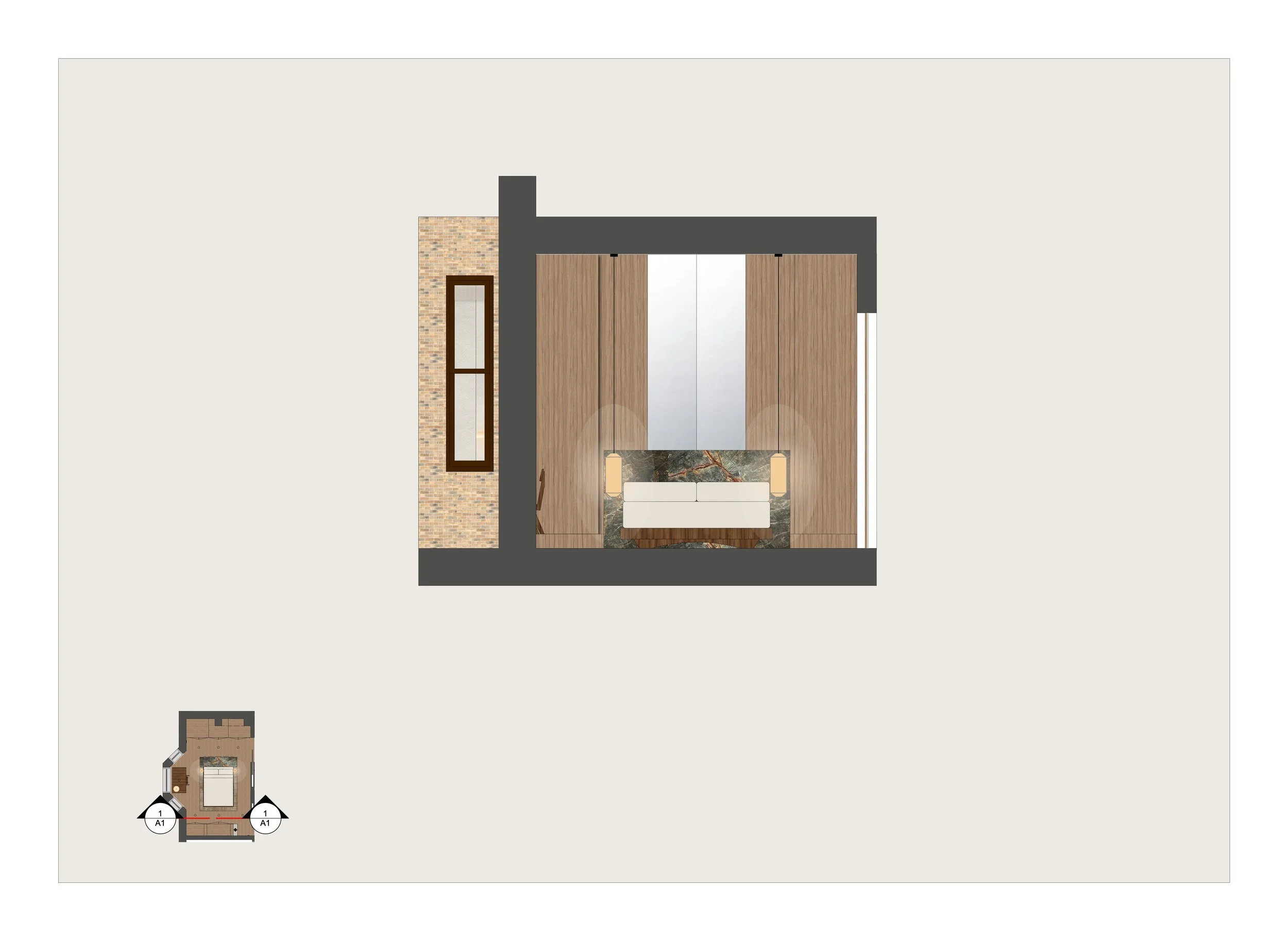 Floor plan layout of a living room with wooden accents, a marble fireplace, and modern lighting fixtures.