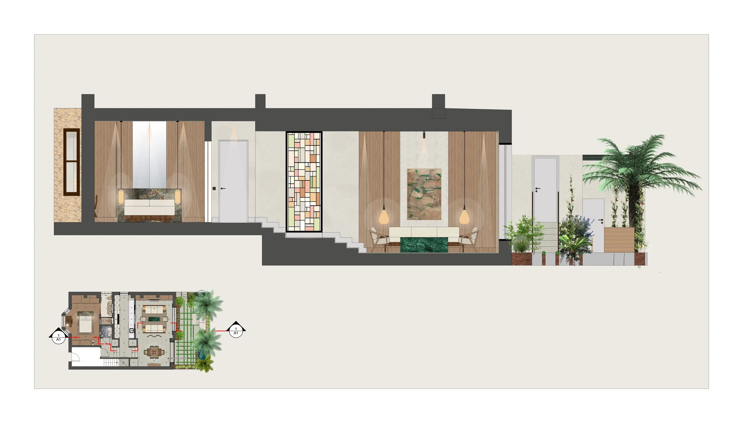 A detailed architectural design of an interior and exterior space, including a sectional view of a building with a living area, artwork, plants, and floor plan layout.