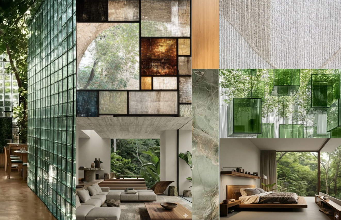 Collage of modern nature-inspired interior architecture including glass block walls, stained glass window, green geometric glass ceiling, and rooms with large windows showcasing lush outdoor greenery.