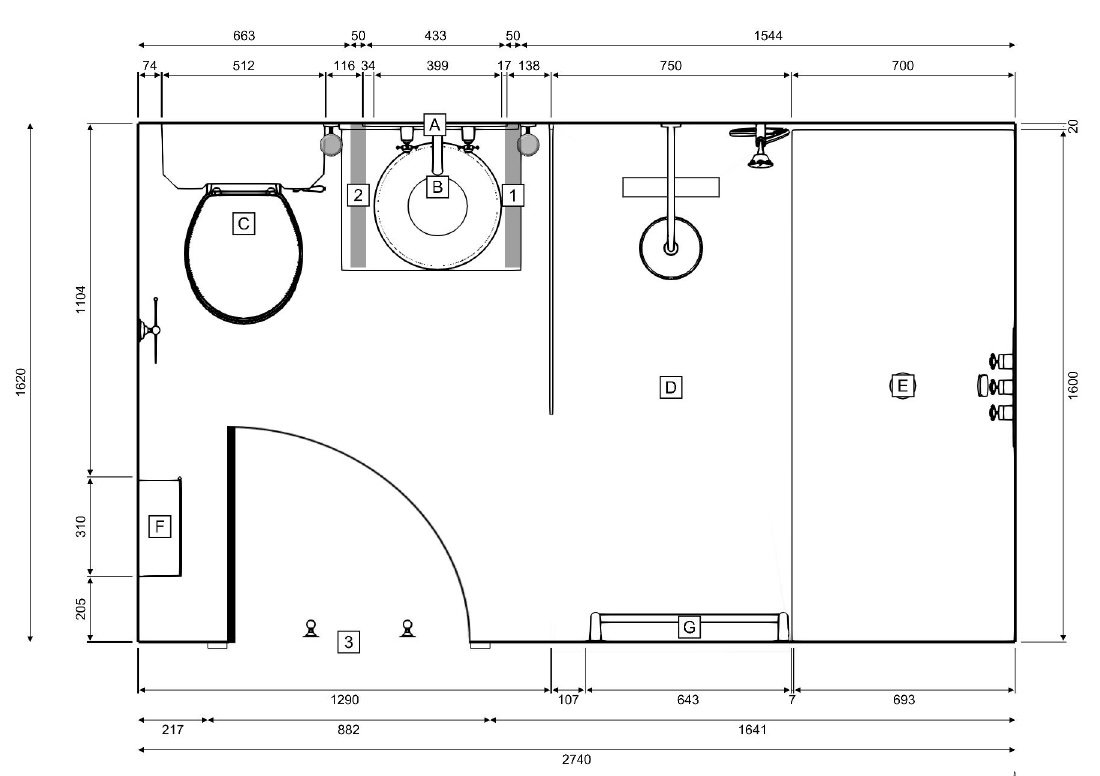 Floor plan of the original bathroom layout, with a walk-in shower