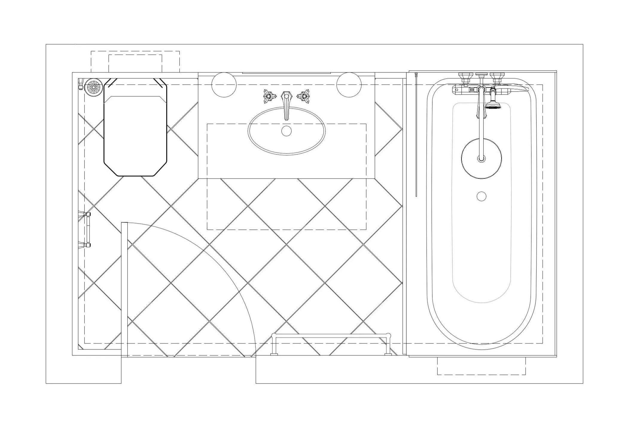 Floor plan of the redesigned bathroom, with a bath, wall-hung toilet and double-width vanity