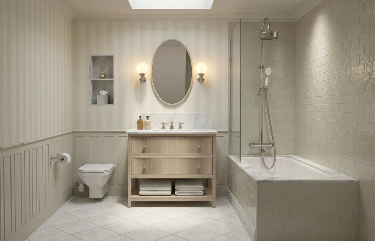 3D rendering of a proposed traditional English bathroom with panelling, a bath and a wide vanity