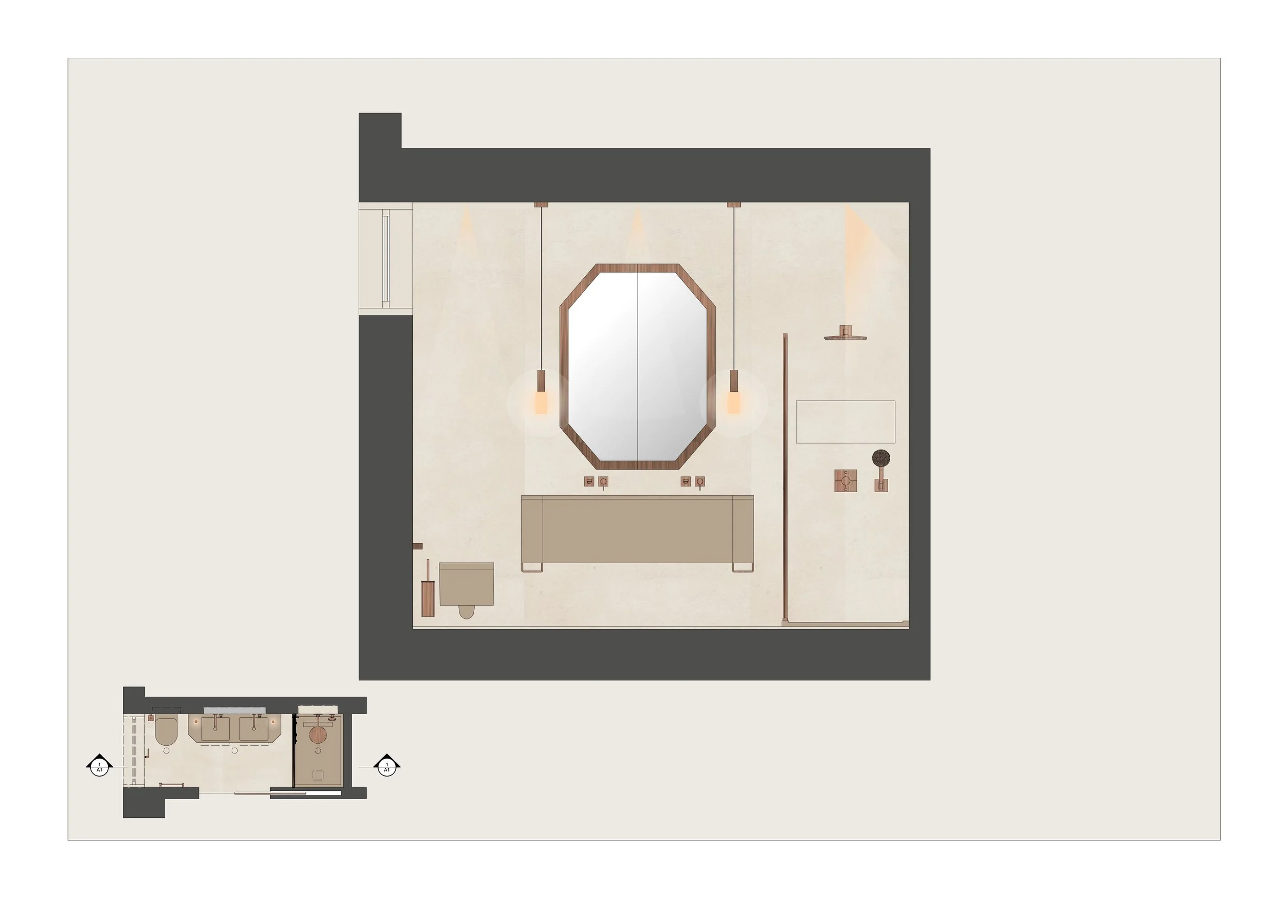Floor plan of a space with a bathroom area at the bottom and a larger, open room at the top, including fixtures and furniture.