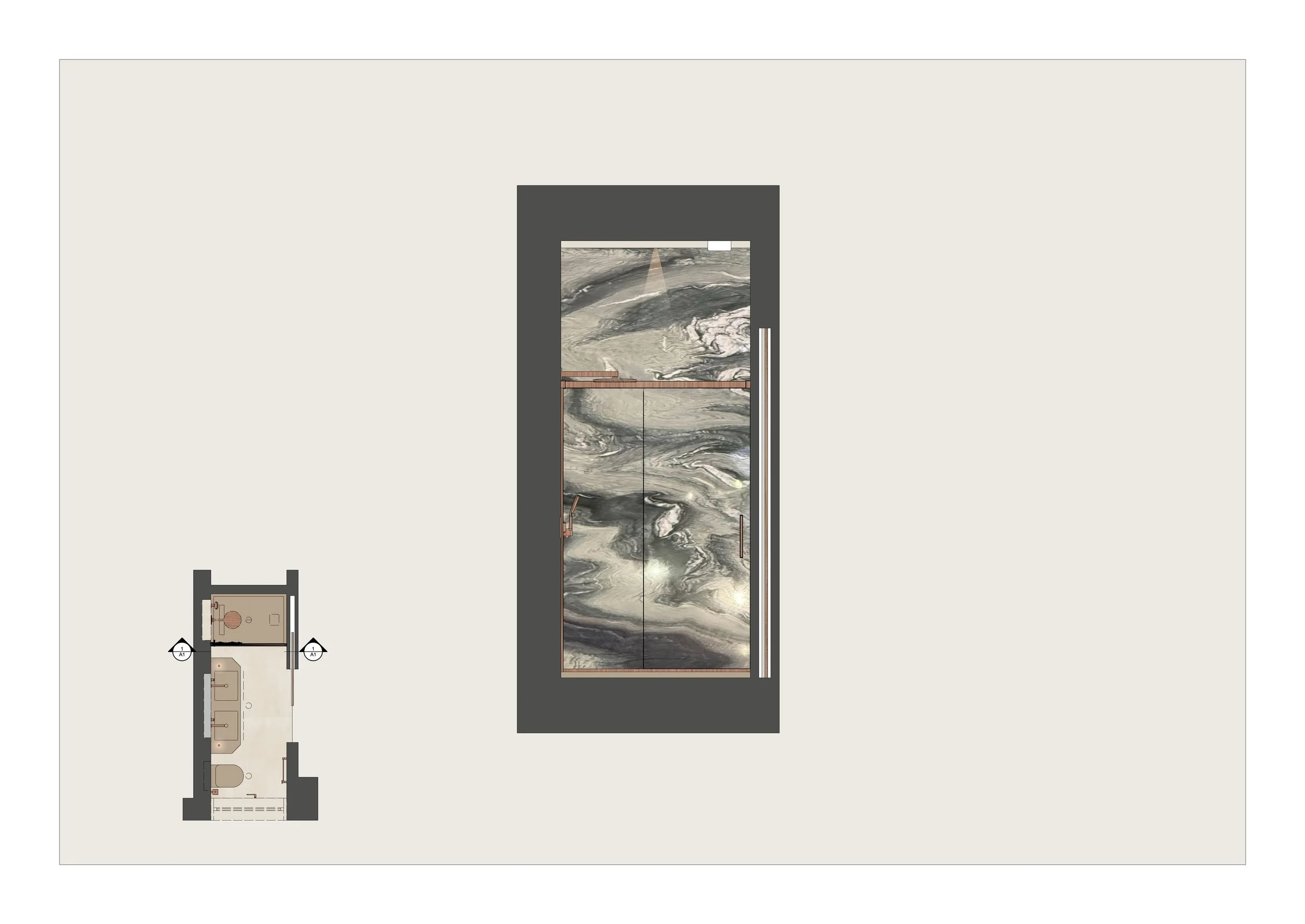 Floor plan layout showing an elevator with marble walls and copper accents, adjacent to a corridor with a bathroom and other rooms.