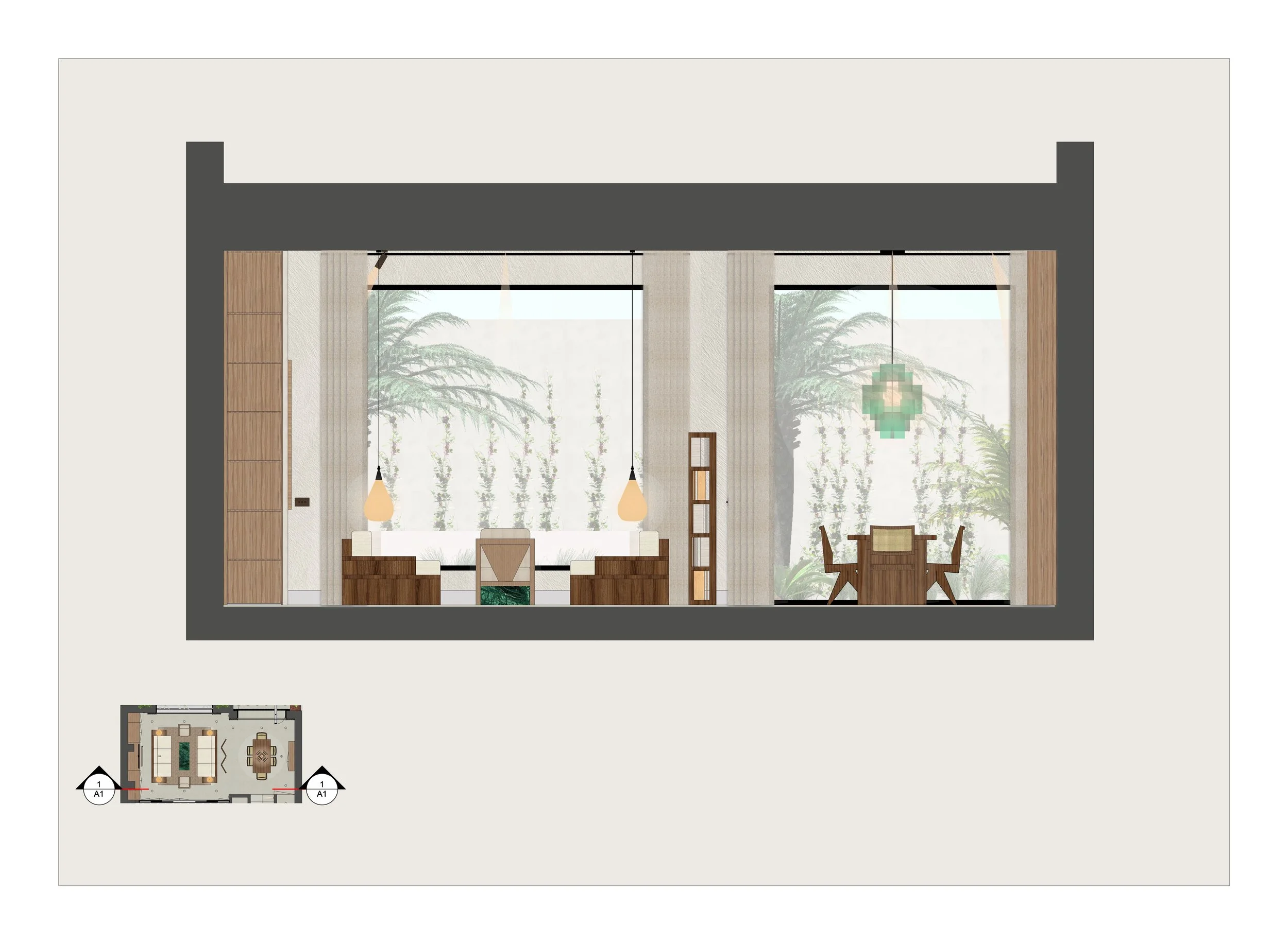 Floor plan of a modern living space showing a large room with windows, a dining area, and a seating area with sofas and chairs, along with decorative elements and indoor plants.