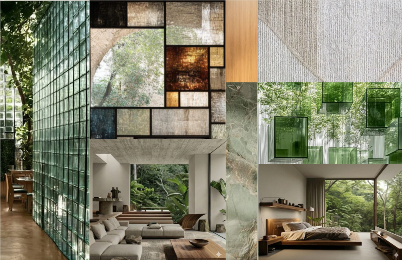 Collage of modern interior and exterior architecture with natural wood, concrete, stone, glass, and green foliage designs.