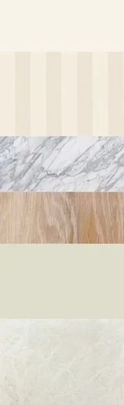 Colour and material palette of marble, tile, wood panelling and wallpaper in warm neutrals