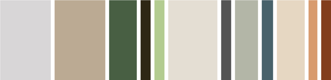 A color palette consisting of various shades of gray, beige, green, black, and brown.