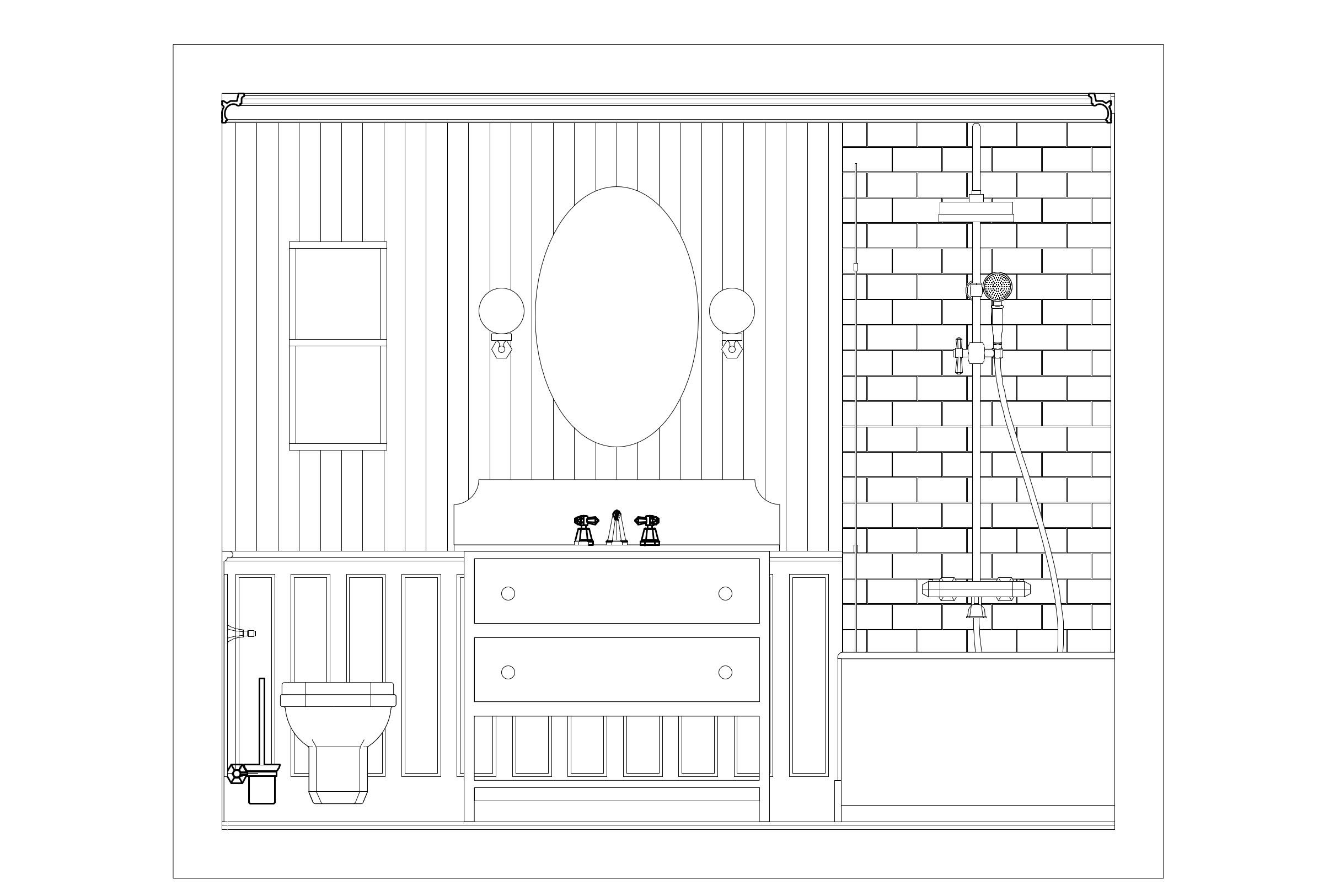 Elevation of the redesigned bathroom, with bath, toilet, vanity and panelling