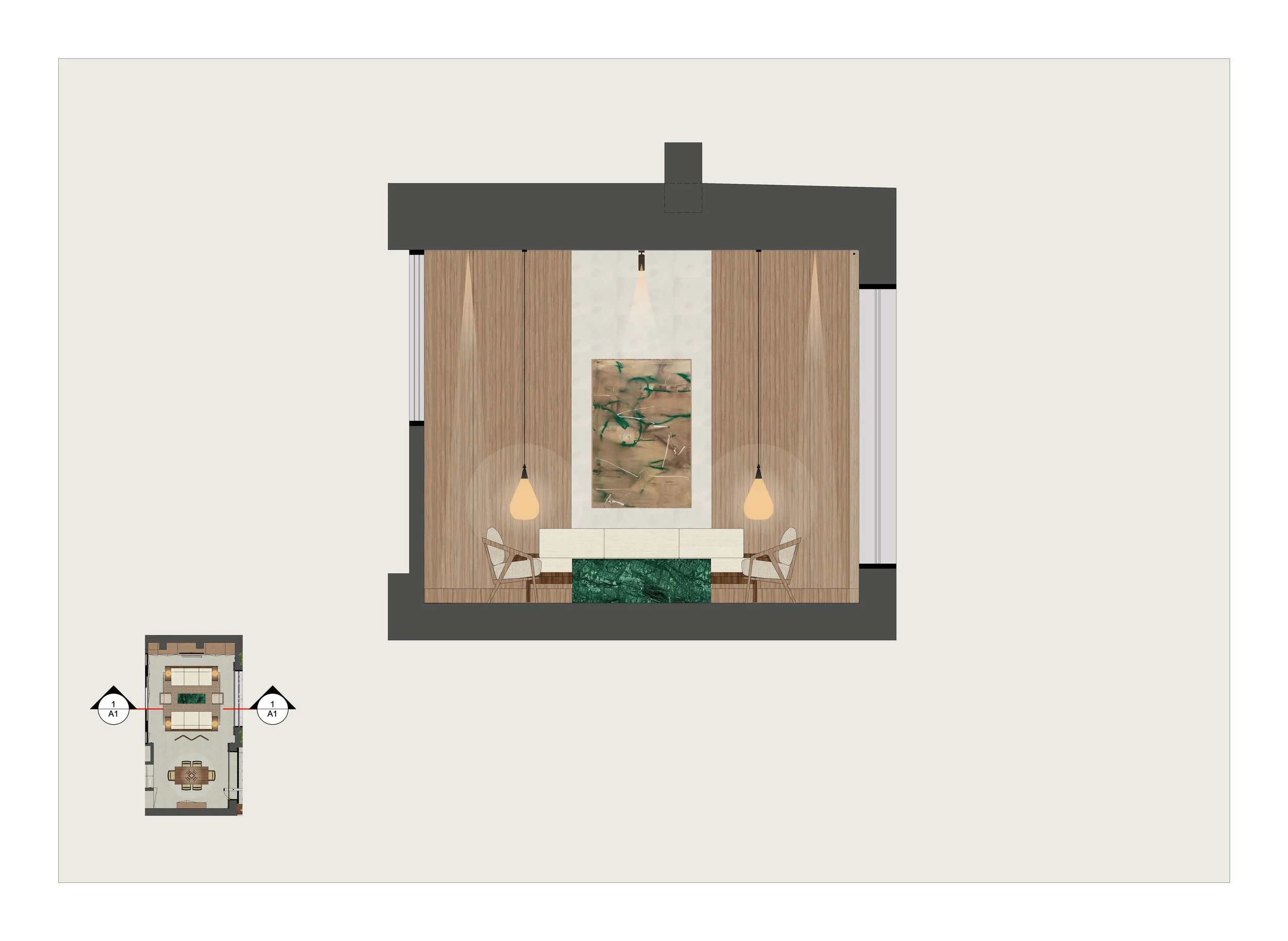 Top-down view of a modern interior design layout with a living area featuring two hanging pendant lights, a green rug, wall art, and wooden paneling walls.
