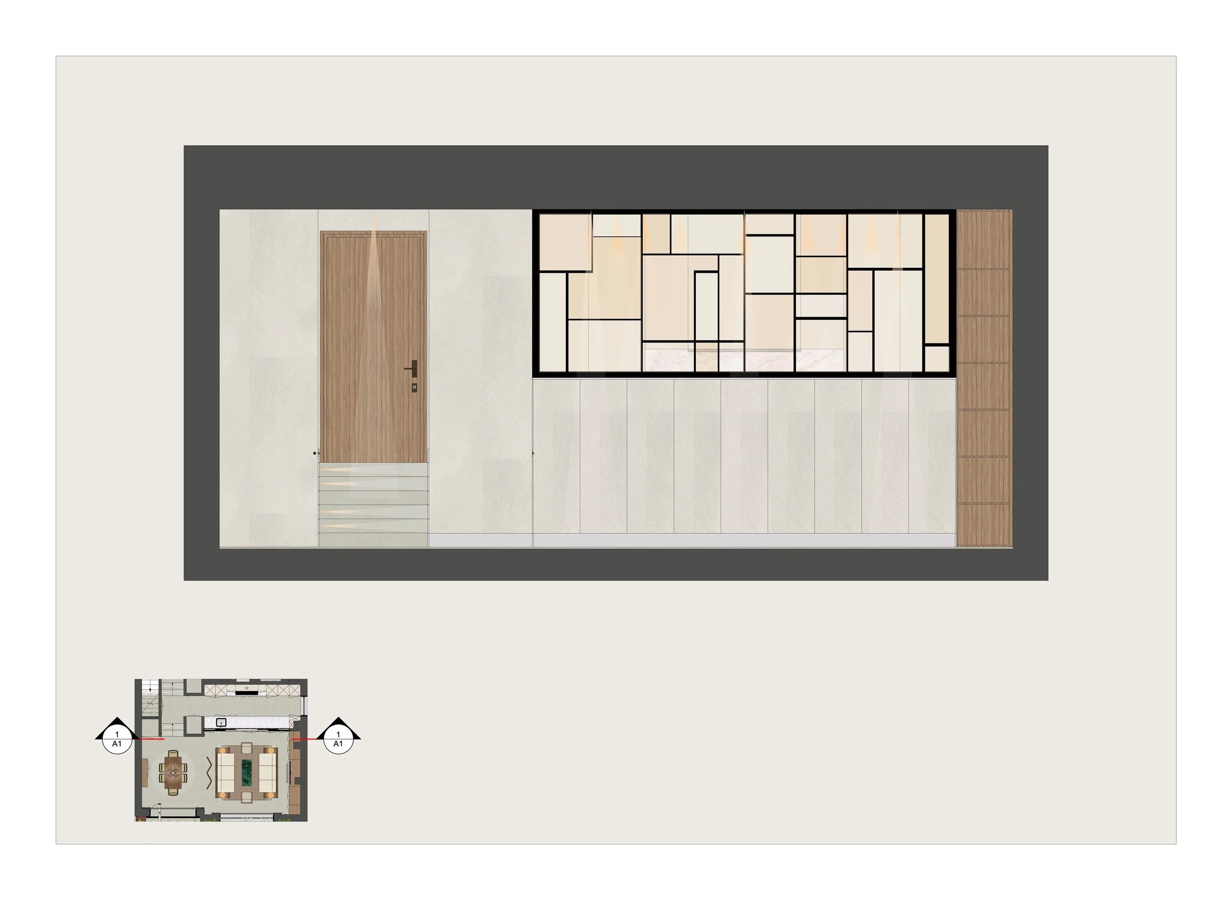 Floor plan and rendering of a modern interior space with a door, a black-framed window design, and wooden accents.