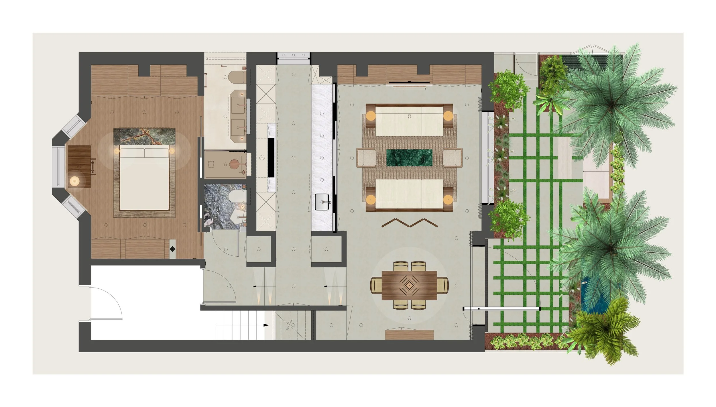 Floor plan of a modern house with a bedroom, bathroom, living room, dining area, and outdoor garden with trees and greenery.