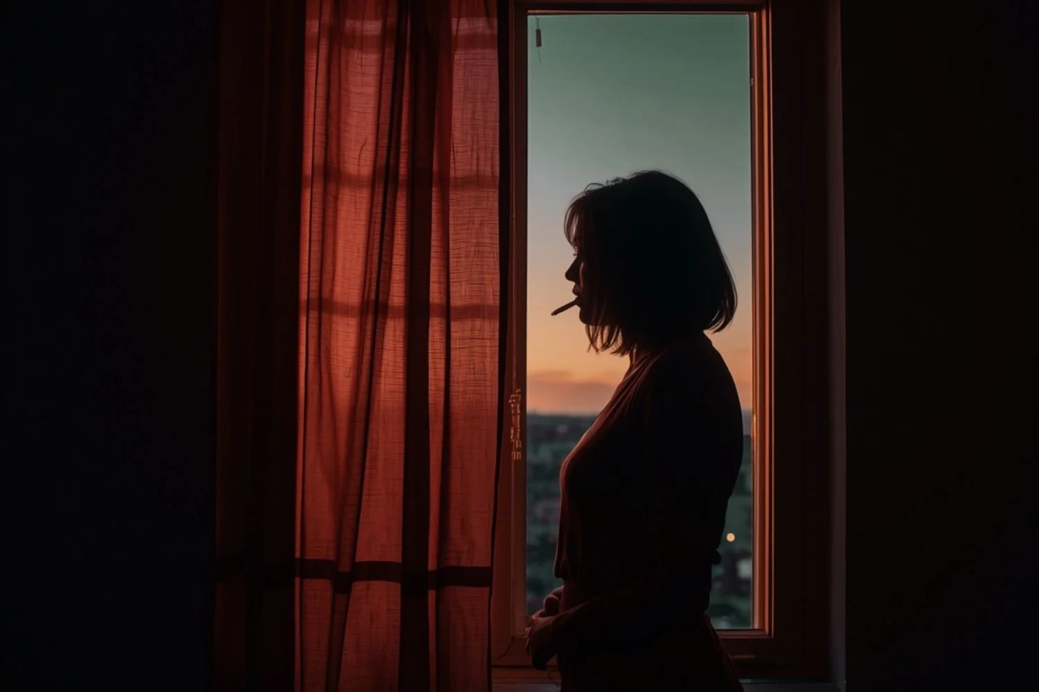 Woman in her forties standing at a window at dusk, holding a cigarette, looking thoughtful and illustrating why women can't quit smoking.