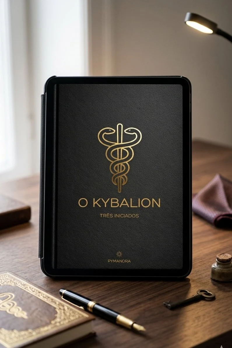Ebook O Kybalion dos Três Iniciados em leitor digital, edição portuguesa da Pymandra com aparato crítico completo