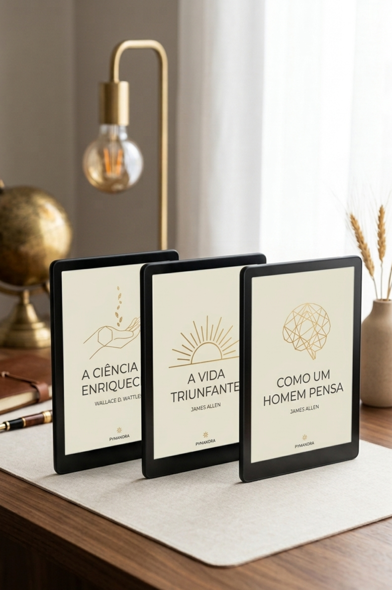 Pack de Ebooks da Pymandra editora, com destaque para A Ciências de Enriquecer, de Wallace Wattles, e A Vida Triunfunfante e Como um Homem Pensa de James Allen.