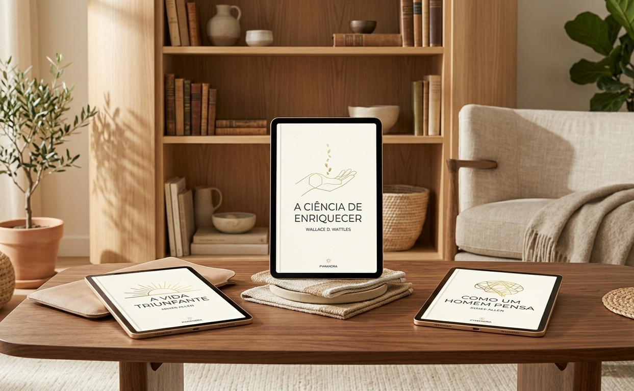 Os três ebooks da Pymandra em leitores digitais: "A Ciência de Enriquecer" de Wallace Wattles, "A Vida Triunfante" e "Como um Homem Pensa" de James Allen