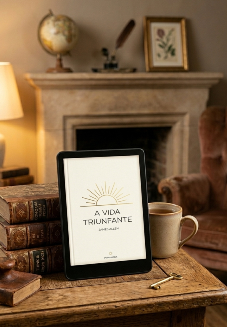 Mockup de Ebook da Pymandra em dispositivo, com "A Vida Triunfante" em destaque