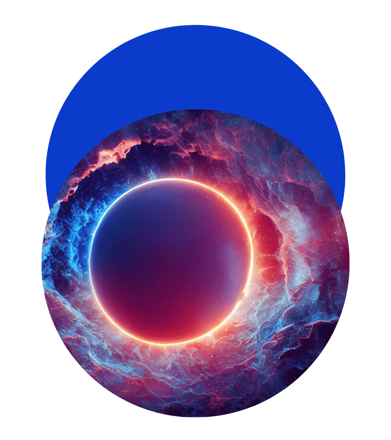 Une image numérique représentant une éclipse solaire entourée de nébuleuses colorées dans l'espace.