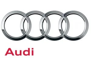 Audi logo with four interlinked silver rings and red text reading 'Audi' underneath.