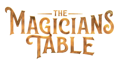 Logo for 'The Magician's Table' with gold and purple text and decorative elements.