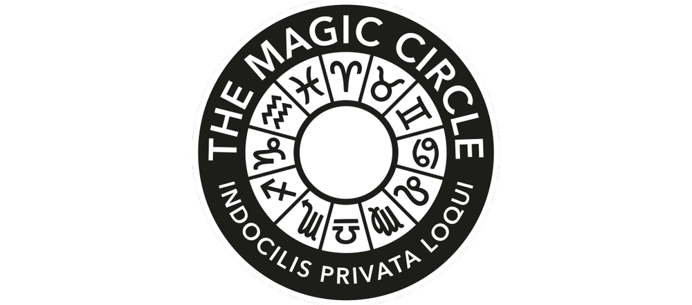 A circular logo with the text 'The Magic Circle' at the top and 'Indocilis Privata Loqui' at the bottom, featuring twelve zodiac symbols arranged in a circle inside.