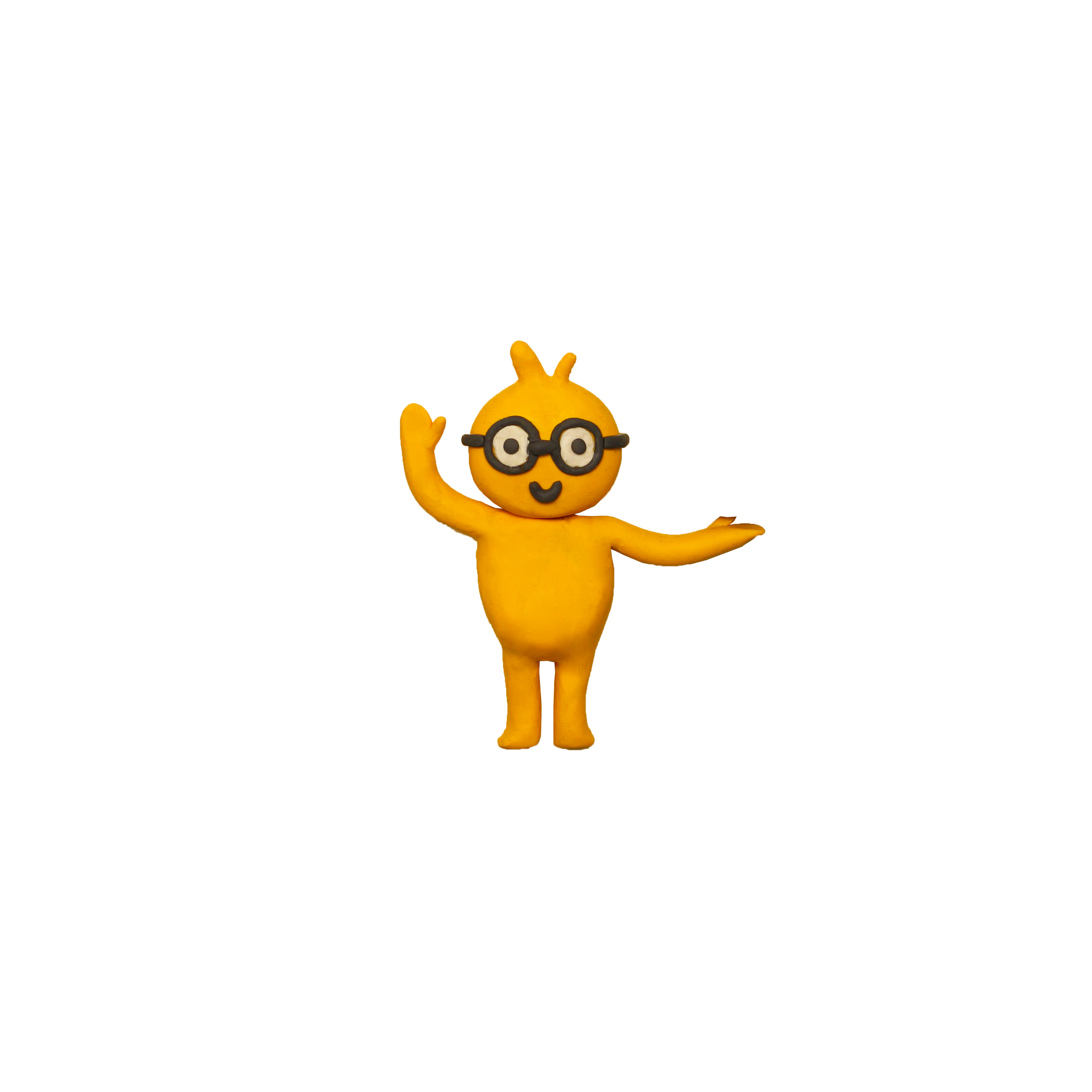 A yellow emoji figure with glasses, smiling, saluting, and standing against a black background.
