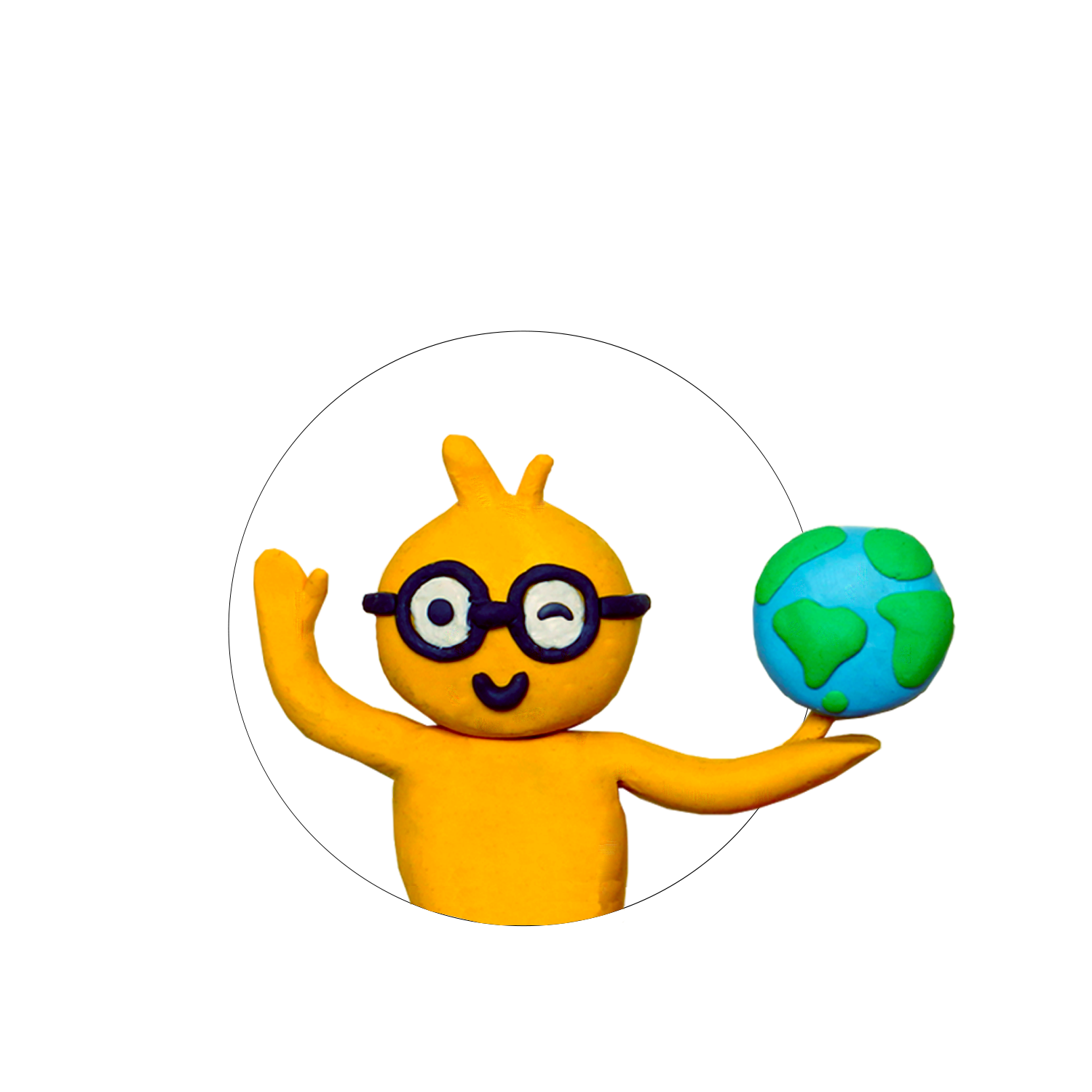A creative sculpture of a yellow character with glasses made from clay, holding a globe, against a black and white background.