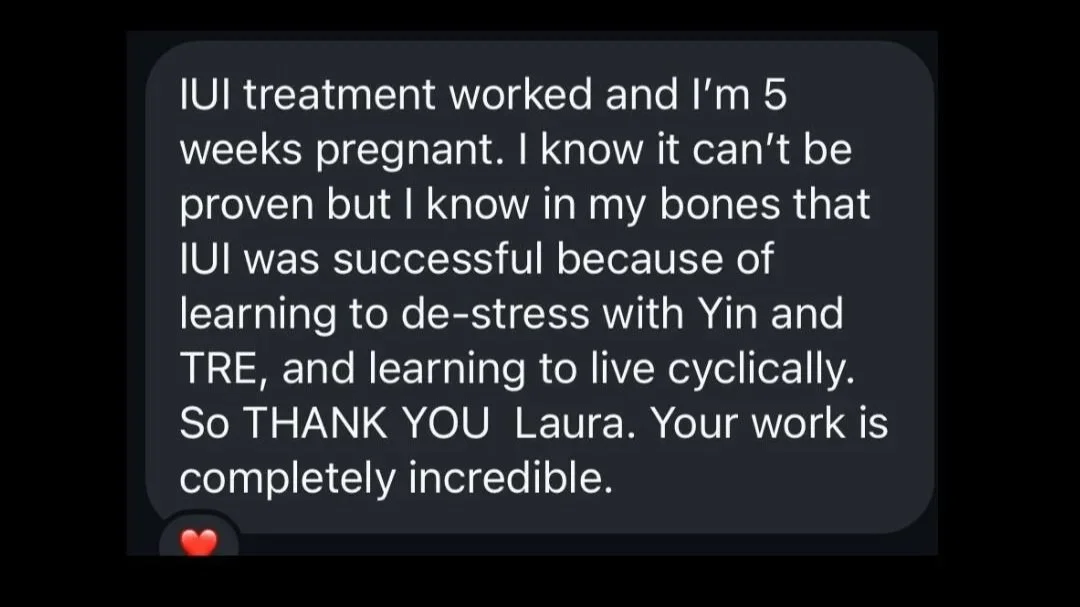Screenshot of a person expressing gratitude for IUI treatment and stress management techniques learned from Laura, mentioning a five-week pregnancy and feeling successful due to these methods.