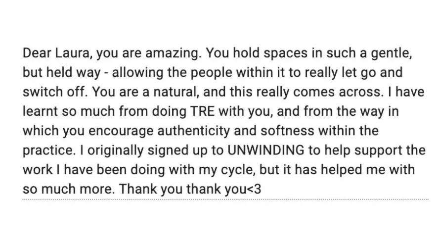 A letter addressed to Laura, praising her for her authenticity, softness, and encouragement in a practice related to mindfulness or emotional support.