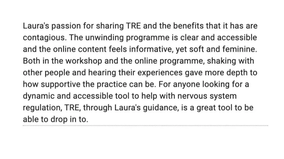 Text discussing Laura's passion for sharing TRE, the benefits of an online and workshop program, and how it helps with nervous system regulation.